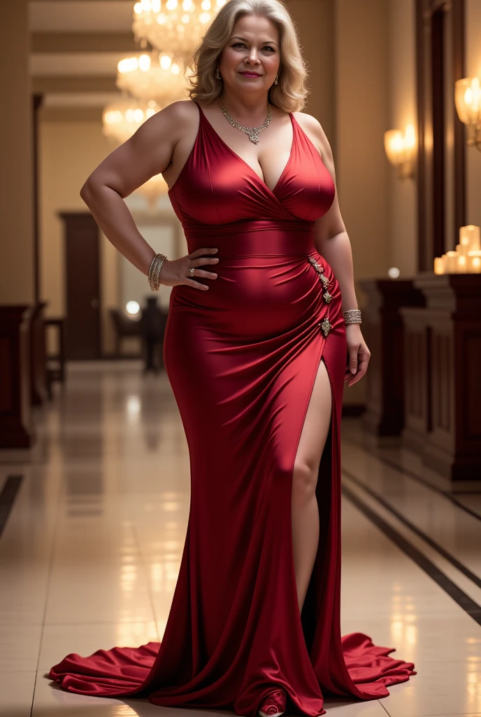masterpiece, best quality, 16K, swimming pool, old woman, shy, smiling, standing, looking at viewer, front view, long hair, wave hair, black hair, eyes open, (large breasts:1.28), (wrinkles corners eyes:1.35), (nasolabial:1.35), (old skin:1.38), wrinkles skin, freckled skin, pale skin, (old muscles:1.2), plump, (mini skirt), (red wrap dress), (high-heels), piercing, necklace, freckles, chubby, elderly, old, japanese, at party, outside, in the bar, at night, nsfw, full body shot, from front