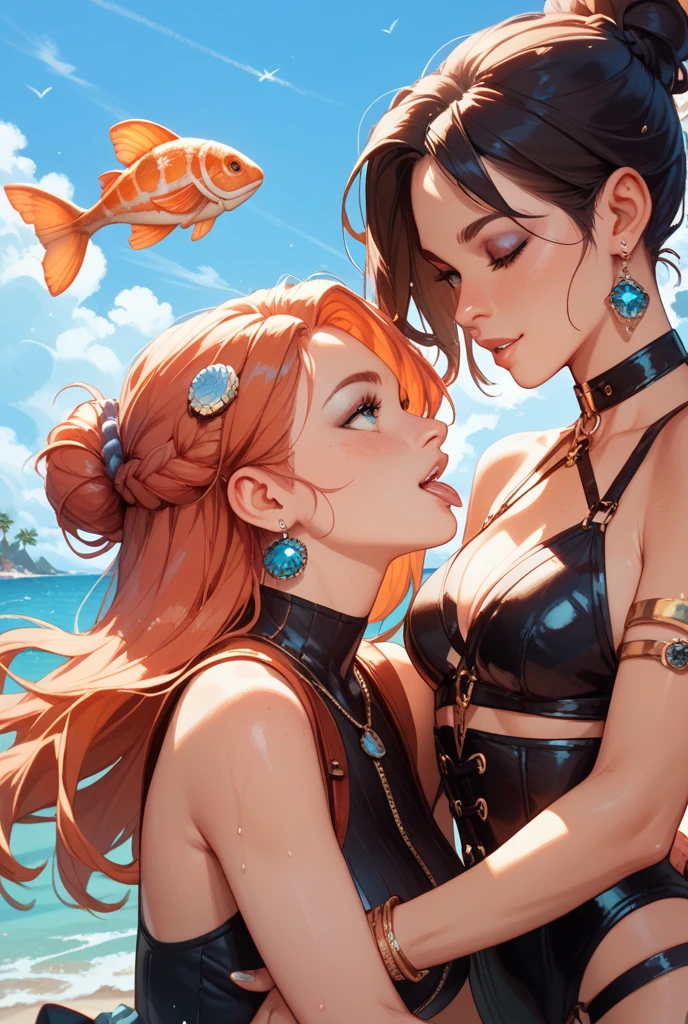 master piece,hyper quality, Hyper Detailed,Perfect drawing,hight resolution,2 Japan Idols, (((kiss))(((French kiss))) Hugging each other's breasts、Pushing each other, Staring at each other, Moist eyes, Half-open lips, Beautiful, blush (0.2),In the deep waters of coral reefs、There is a mermaid who looks like a beautiful woman、Body color is like emerald.、The structure is a half-mermaid、She looked at me from above、I looked at her from below、I hold a pearl in my hands --v 6