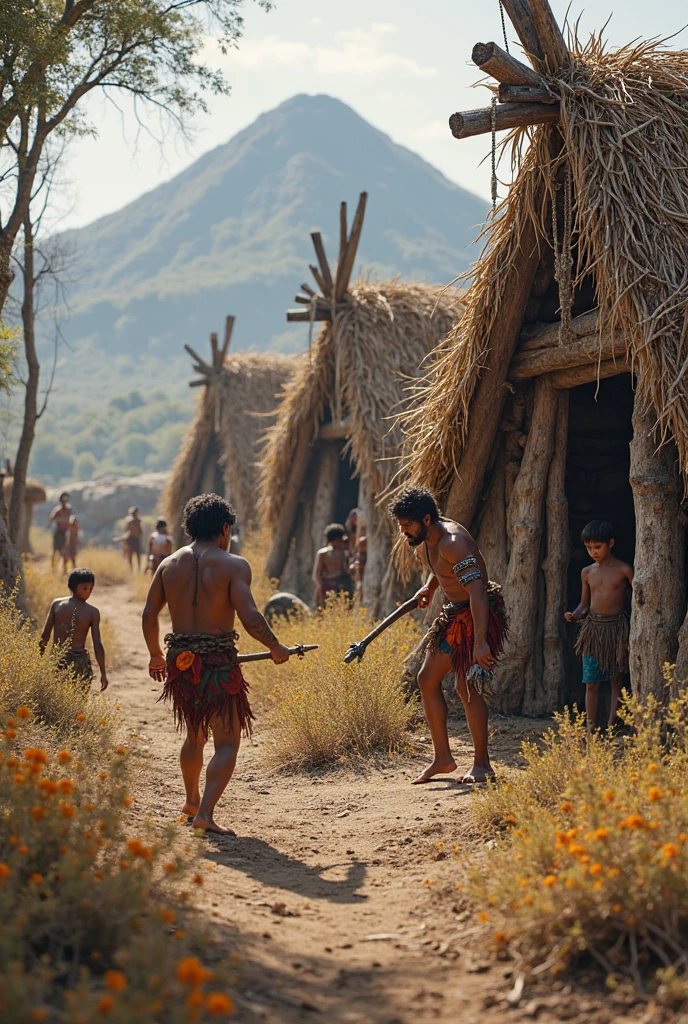 Photorealism 1.4 realistic realism high detailed definition  Malaysia native aboriginal orang asli adult men building hut from bamboo one man cut tree one man tied bamboo at jungle sunlight silhouette morning mode dark skin curly very short hair   puppy scratch ground smoked effect