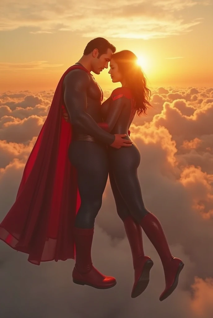 Super girl and superman are kissing, she is pregnant, intimate, his hand is on her bare belly, city at sunset, backlit