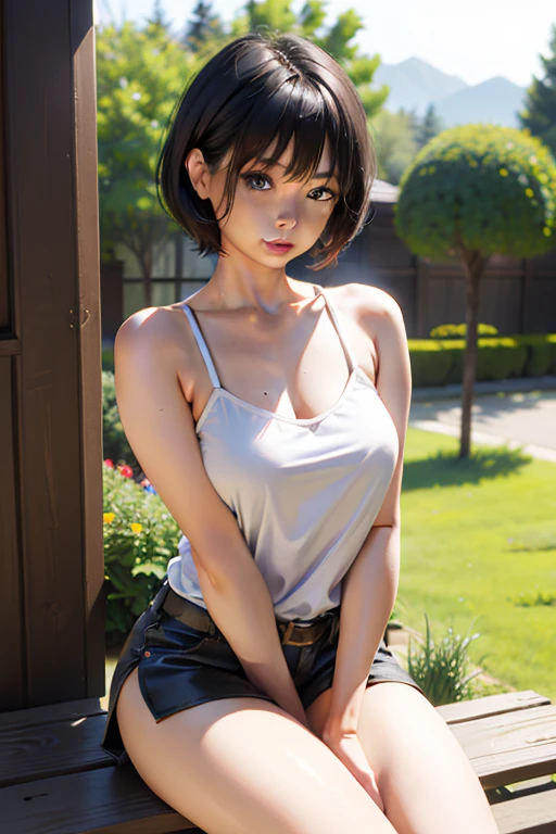 (8k、Photorealistic、Raw photo、highest quality: 1.3)、（real skin）,Beautiful expression、High Detail、超A high resolution、(One Girl)、Super Beauty、(True Face)、(boyish、Natural color very short hair)、Rough chest T-shirt、Captivate your audience、Beautiful breasts、Lover&#39;s point of view、Beautiful smile、attractiveSurreal、hanikami,(bodysuit),squatting cowgirl:1.2,spread legs:1.0,covering hand to pussy:1.5