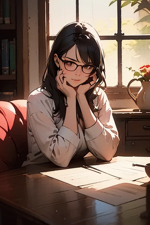 masutepiece, Best Quality, 1 girl, Brown hair, Medium Hair, Retro glasses,gentlesoftlighting, The best lighting, foco nítido, Depth of field f/2, Saturation, highly contrast, intense light and shadow, cafes,  Look at me,（closeup cleavage：1.1）