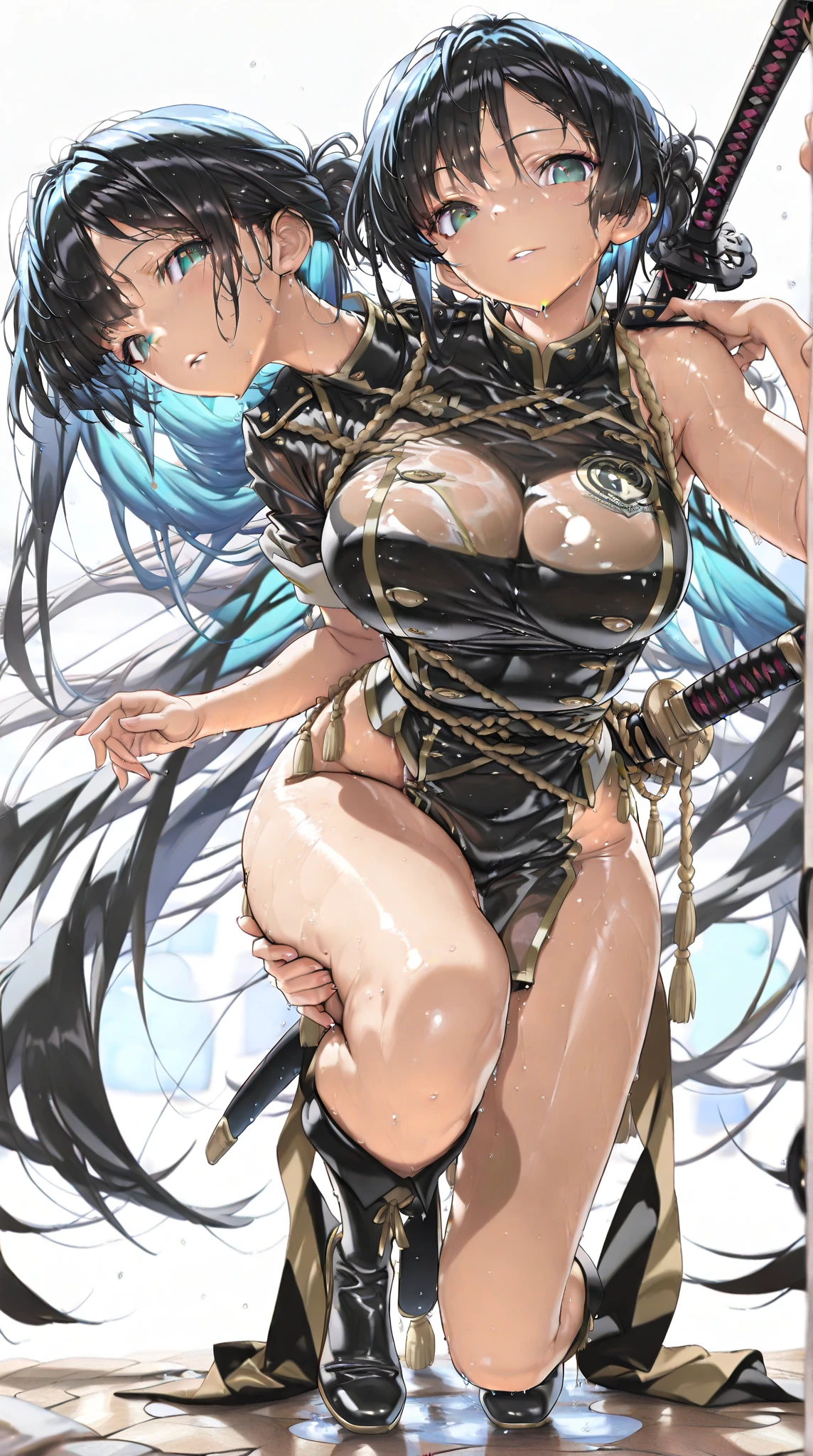 masutepiece, Best Quality, 1girl in, grey eyes, Russian girl, Solo, Friendly smile , Ruins, (poneyTail:1.2)、A dark-haired, ,, ((Oiled skin:1.5)), (taking photographs:shirow masamune:1.3), 、top-quality)), ((masterpiece)), perfect anatomia、Pitch Resuit、((Colossal tits:1.3))、(Puffy nipple)、show off nipple、see -through、Looks 13 years old、full body Esbian 、open one's legs、Straighten your back、Bring your hips forward、A slender、Angle from the floor:1.2、Low camera angle、White liquid from the crotch、Spread to vaginal ,crotch grab、ninjartist、(