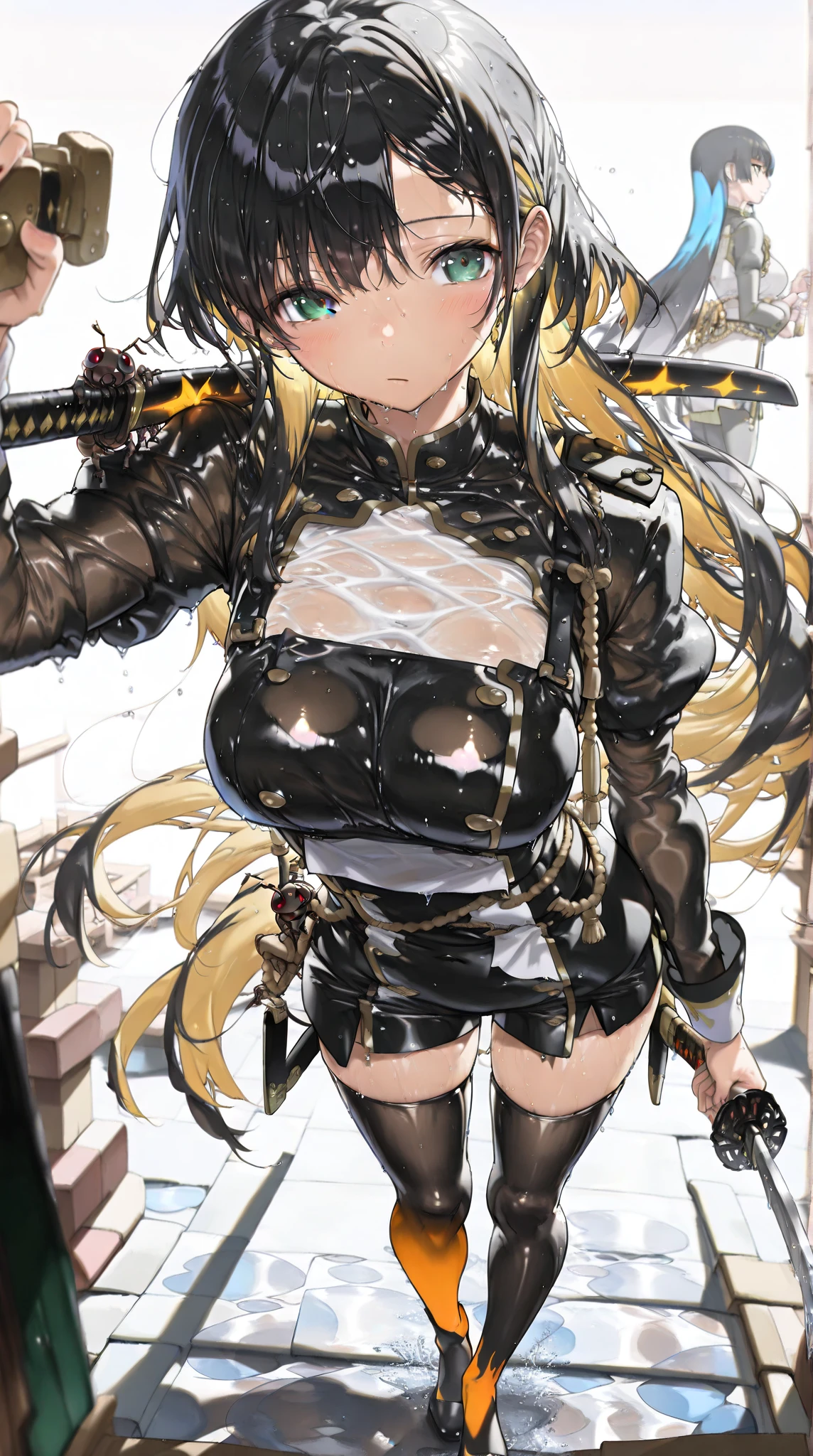 (Best Quality, masutepiece:1.2), 超A high resolution, (((hands tied behind))), (((arms behind back))), ((Shibari)), Wrapped in a rope, ((((Bondage)))), ((Rope Bondage)), Exquisite details and textures, ((The rope is wrapped around the body many times)), ((brown Rope)), Bondage, fishnet, (((sweat))), (open mouth), scowl, (((close one eye))), ((((winking)))), Exquisite details and textures, Bondage, Origen, 1girl in, Solo, Detailed face, large full breasts, Yellow hair, Yellow Eye, (((Fishnet))), Black hood, Black thighs, Black groove, wariza, Sitting on the floor, Thigh high socks, blush, full of sweat, Ultra Detail, Thighs together, Concrete floors, Concrete walls, in a basement, underground room, Indoors, Surreal, Insanely detailed, Detailed face, extremely detailed texture, scowl, Sweat,