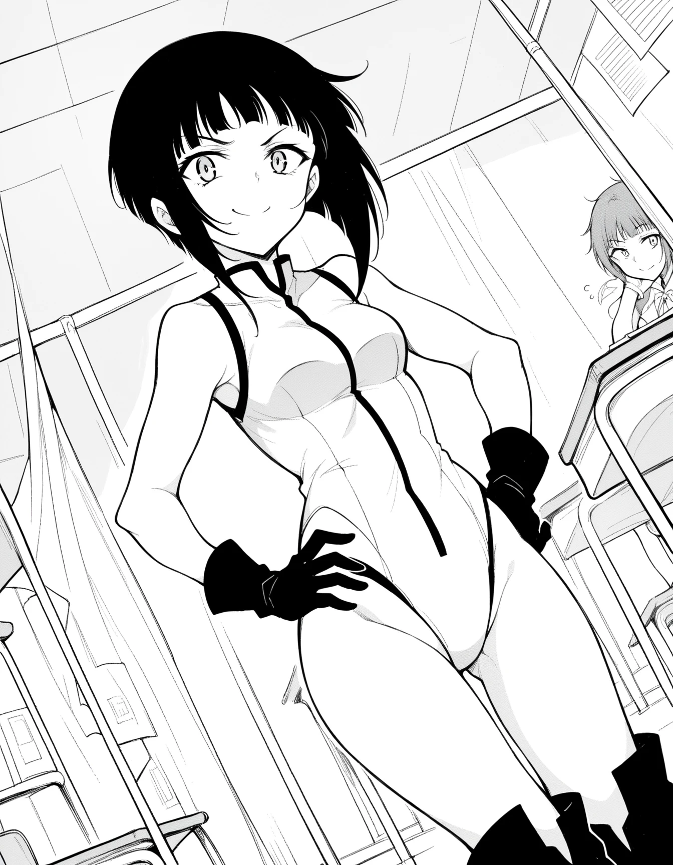 Black and white anime girl sitting on a bed with a knife, latex suit under clothes!, Hand covering her chest, 2b, 2 b, high quality fanart, by Kentaro Miura, in Pixiv, play boy bunny, black latex, lineart, monochromatic, kobeni, pose sitting on the floor, ((white background, no background)),rabbit ears, tie michi,cameltoe
