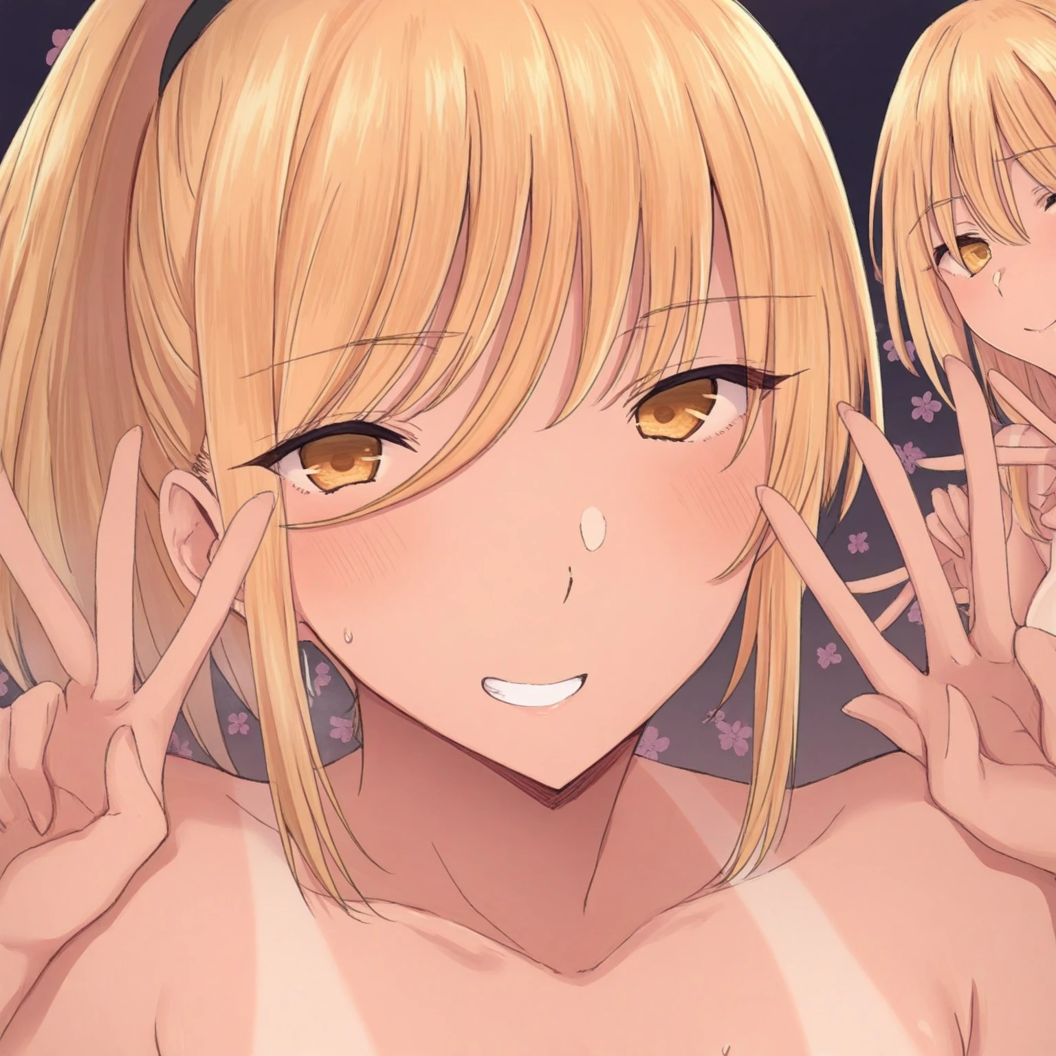 Blonde、Gal、orgasm、Climax、Ecstasy face、Mouth open、Cross-eyed、Long eyelashes、Cleavage、naked、blush、front
