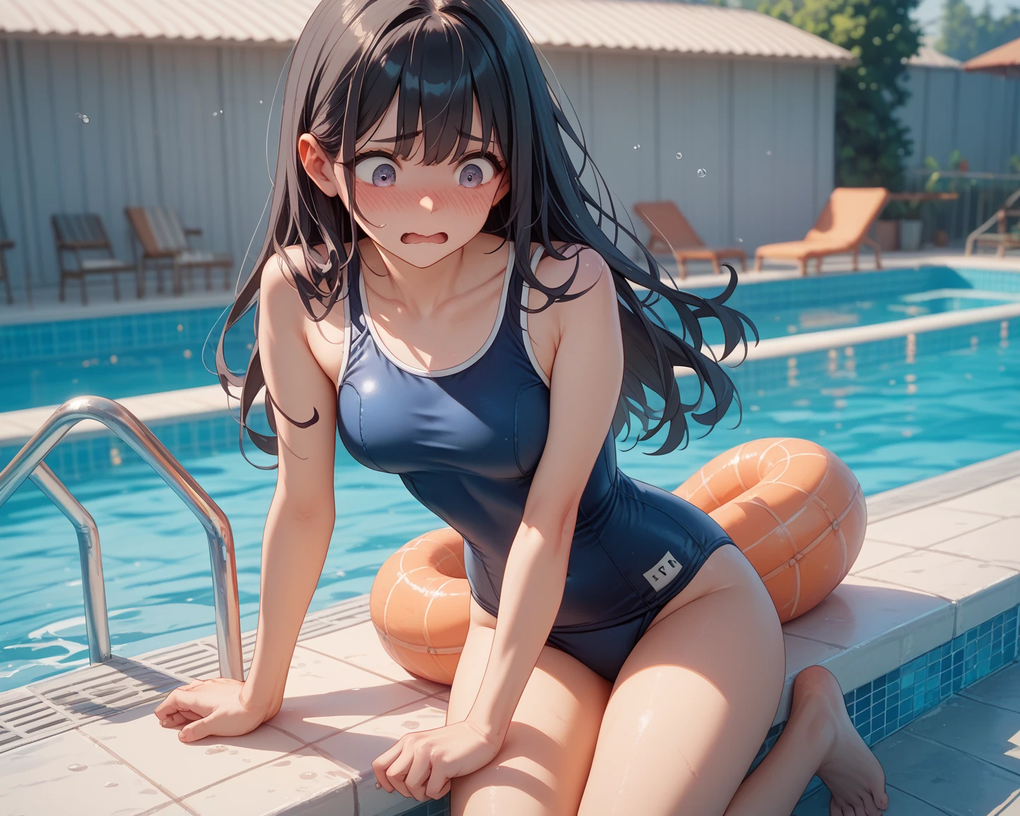 (masutepiece:1.2), (Best Quality:1.2), hyper detailed illustration, beautiful artwork, (extremery detailed CG, 8K Wallpaper、(exquisite lighting and shadow)、(highly dramatic picture)、(cinematic lens effects)、Young woman is sitting on the beach and wearing a school swimsuit, Some wear dark blue school swimsuits, 1girl in, Swimsuit, Solo, (dark blue school swimsuit:1.3), onepiece swimsuit, Covered navel, Black hair, Looking at Viewer, breasts, Barefoot, Outdoors, Black hair, Pony tail, Tsurime, School swim wear, day, small breasts bangs, (Wet), (light glow), (A big smile:1.2), (straggling hair), Shiny hair, (Lens Flare), (Head tilt:1.1), (Sweat:1.2), (light glow:1.2), (strong lights:1.2), (Bokeh:1.2), (Navy Blue School Swimwear), (Brown eyes:1.1), (Legs hugging themselves),Sandy beach,,Navy blue school swimsuit,Navy blue school swimsuit,