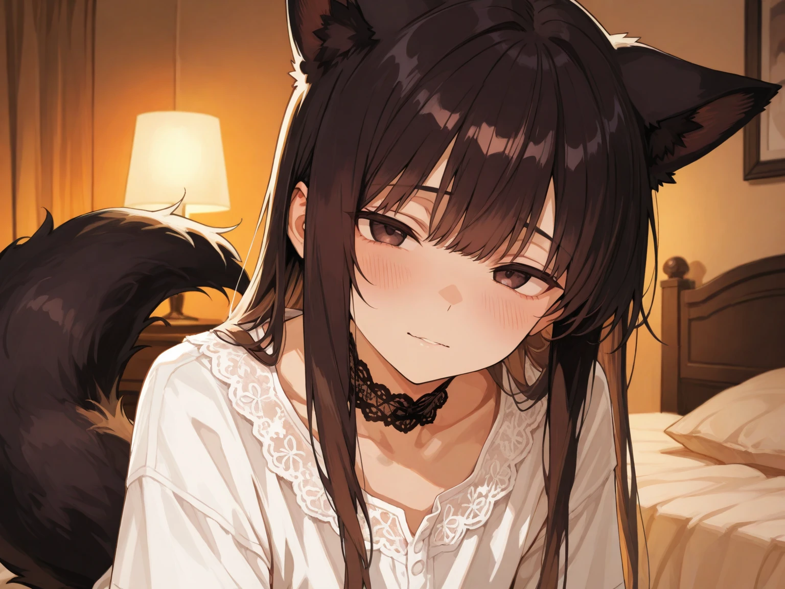 ((masterpiece)), ((best quality)), extremely fine and beautiful, super fine illustration, beautiful detailed girl, breasts, front view, facing at viewer, , house wife, large breasts, embarrassed, face focus, black hair, straight bangs, pale skin, skinny, (sensual:1.1), rosy lips, (muscular:1.2), (see-through:0.7), (very long hair:1.2), (all the way to the base:1.2), dark hair, long hair, fox ears, blue eyes, profile, white blouse, (((dark voluminous fox tail))) 1 girl, black hair, long hair, straight hair, blue eyes, blush, cute, deepthroat, all the way to the base, indoors, Japanese shrine, tatami, outdoor corridor, pond, Japanese maples, movie lighting, perfect shadow, realistic lighting shaded, (((POV)))