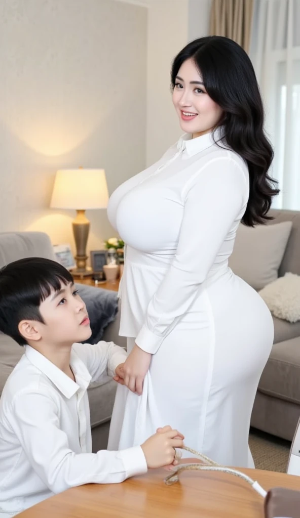 ((medium long shot)), (One ultimate beautiful mature woman), ( 1 women,1 boy), ((mom and son:1.4)), very detailed顔, detailed lips, sensual lips, detailed eye, double eyelid, brunette bun hair, big and full breasts,big  , gigantic breast, (thighs thighs thighs),  Exactly, perfect body, perfect face, Depth of the bounds written, perfect image realism, 、Detailed With background, detailed costume, perfect thing、hyper realism、photoreal、8K maximum resolution, (masterpiece), very detailed, Professional, ((feel shy, embarrased, nervous:1.4)), ((in the home, at kitchen :1.4)), (( mini dress, backless, full body:1.4))
