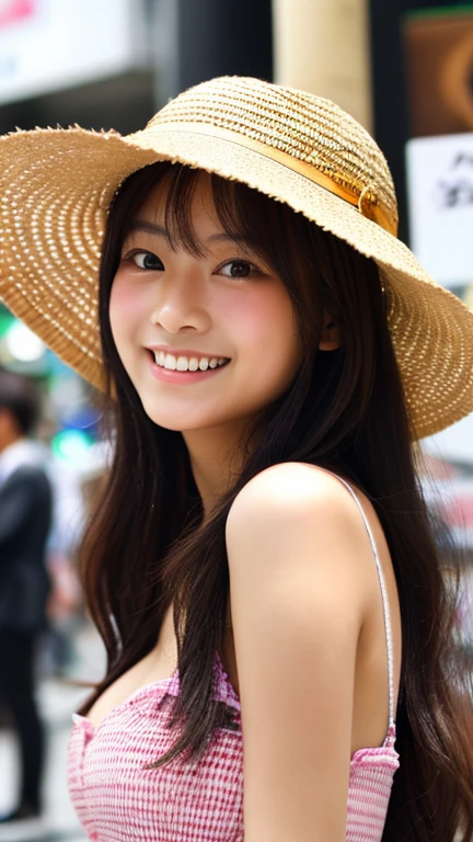 masterpiece,best quality,(Japanese ),((Beautiful girl)),cleavage,(perfect body beauty:1.2),(shy smile),beautiful teeth,(hat),(Shibuya scramble crossing),light colored hat,
