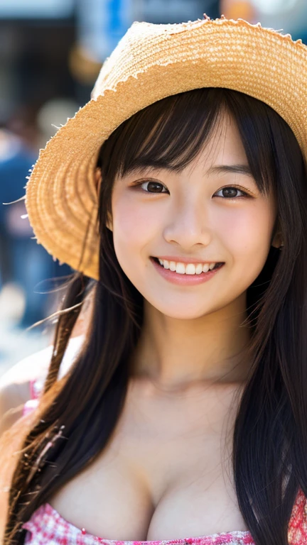 masterpiece,best quality,(Japanese ),((Beautiful girl)),cleavage,(perfect body beauty:1.2),(shy smile),beautiful teeth,(Blurred background of brick buildings),(hat),