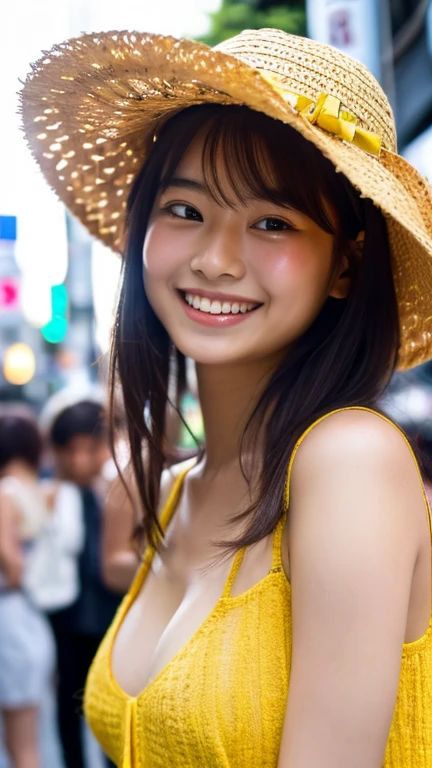 masterpiece,best quality,(Japanese ),((Beautiful girl)),cleavage,(perfect body beauty:1.2),(shy smile),beautiful teeth,(straw hat),(Shibuya scramble crossing),