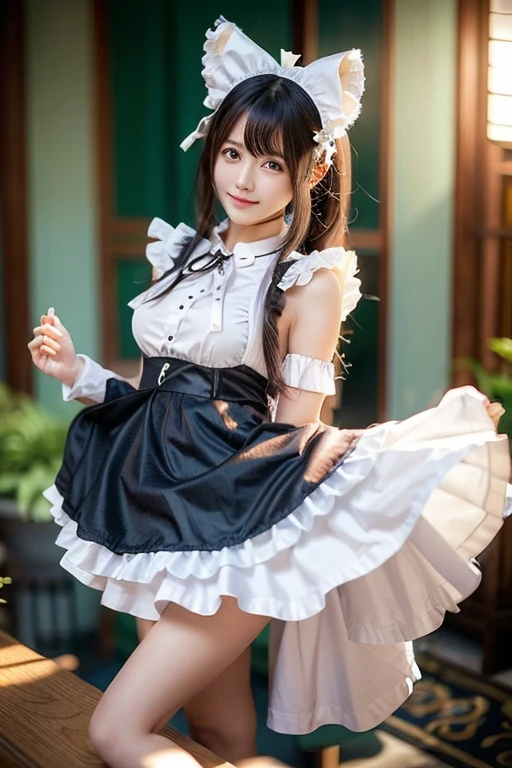 clean the hallway、((masterpiece)), ((Highest quality、Ultra-high resolution)), (Very detailed),8K、Photo quality、((Amazingly cute girl)), 16-year-old girl, (Beautiful emerald blue eyes), ((smile)), Beautifully arranged black hair in twin tails、whole body、(Super high-end white see-through summer gothic lolita maid costume、A super mini skirt with lots of frills)、Professional Lighting、(White lace knee-high socks)、