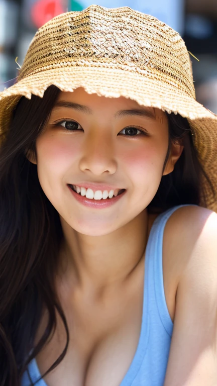 masterpiece,best quality,(Japanese ),((Beautiful girl)),cleavage,(perfect body beauty:1.2),(shy smile),beautiful teeth,(straw hat),(seaside),