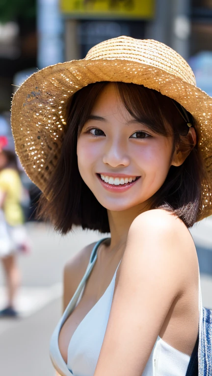 masterpiece,best quality,(Japanese ),((Beautiful girl)),cleavage,(perfect body beauty:1.2),(shy smile),beautiful teeth,(hat),(Shibuya scramble crossing),light colored hat,