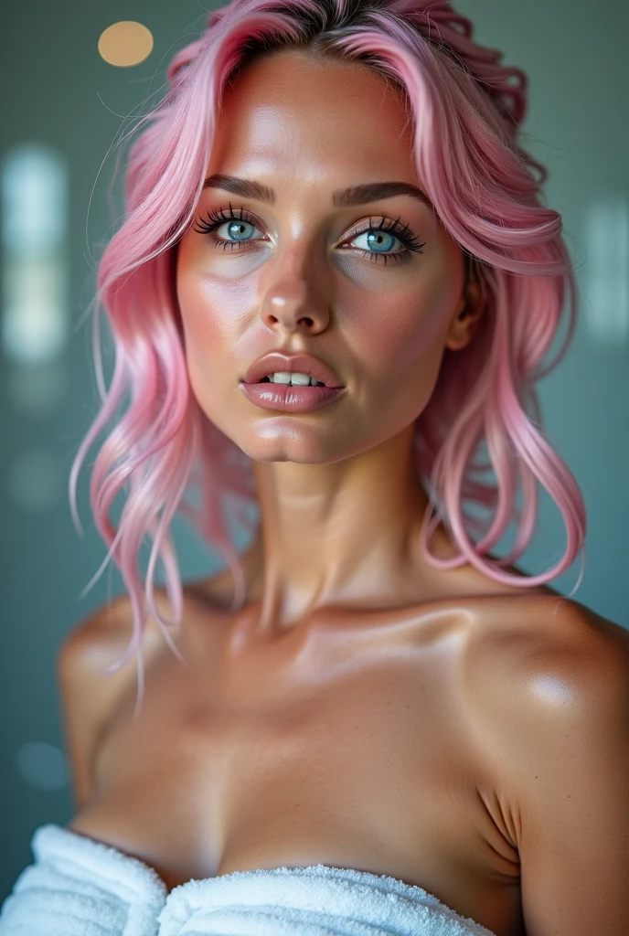 brazilian girl, kodaq gold 400, model, Gesicht, lachen, realistisch, 8k, super realistisch, adriana lima, pinke haare, glatte haut, pink hair