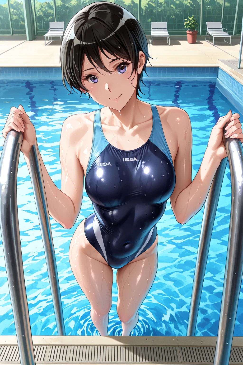 (4K,masterpiece,Highest quality,Super detailed),Low - Angle,From below,Cowboy Shot,(At the school pool),(All pages of (A Japanese woman)),(15 years old):1.2,Medium Hair,Brown Hair,(Beautiful face in every detail),A light smile,shy,Slender body,(Detailed skin,Beautiful attention to detail),Mid-chest,Beautiful Hips,(Wet Blue Compression One Piece Full Back Swimsuit),Zoom in on the crotch,(Spread your legs,squat):1.2,Showing nipples:2.0、I can see the pussy