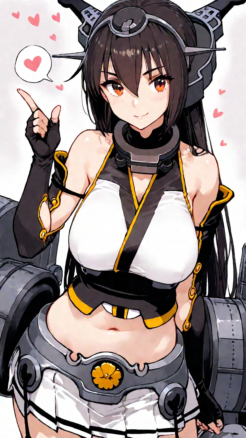 best quality, masterpiece, highres, solo, {nagato_kantaicollection:1.15}, black_hair, long_hair, red_eyes, breasts, hair_between_eyes, headgear, large_breasts, smile, 1girl, bare_shoulders, elbow_gloves, gloves, hairband, fingerless_gloves, looking_at_viewer, navel, blush, midriff,beach,sunlight