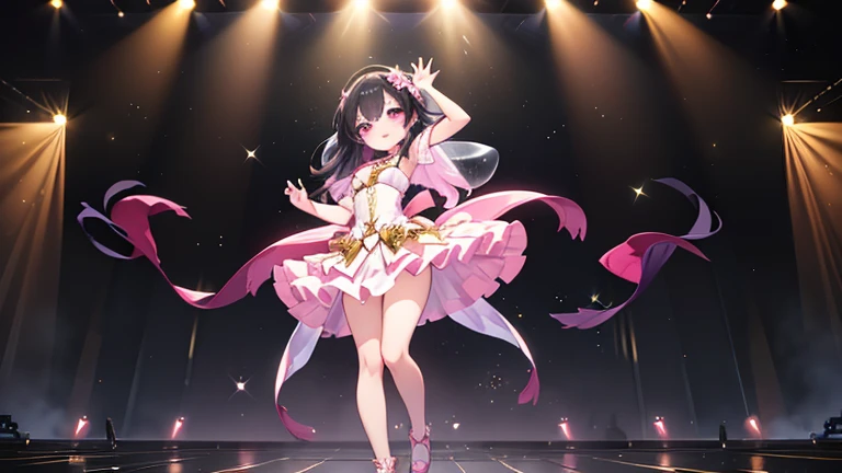 Highest quality、high quality、Idol、Baby Face、Black Hair、Twin tails、Silver tiara、pink lolita costume、dance、Live Stage