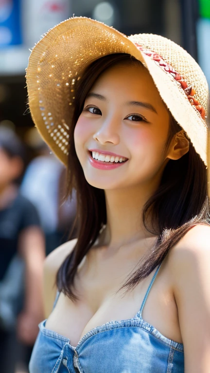 masterpiece,best quality,(Japanese ),((Beautiful girl)),cleavage,(perfect body beauty:1.2),(shy smile),beautiful teeth,(hat),light colored hat,