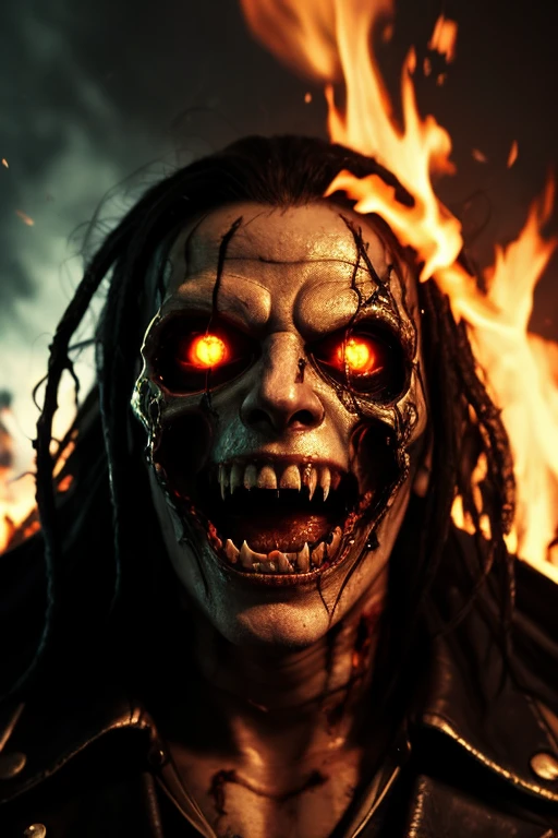 ((close-up face)).Eddie, the Iron Maiden mascot, with long flowing hair and a black jacket, standing in a powerful stance. His eyes glowing with intensity, reflecting his dark, rebellious spirit. His face is skeletal yet detailed with realistic textures, showcasing his iconic menacing grin. The background is a stormy night, with lightning illuminating the scene, adding a dramatic effect. Realistic skin textures and clothing details, capturing the essence of Eddie in a modern, lifelike illustration. natural light, 35mm photograph, film, professional, 4k, highly detailed, Golden hour lighting. Depth of field F2. Rule of Thirds Composition.