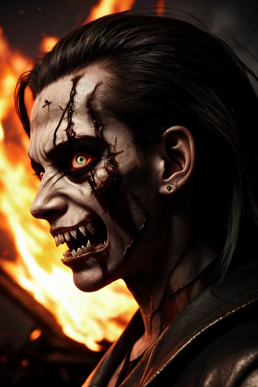 (raw photo, best quality) , (Realistic, photo-realistic: 1.3), Extremely formidable, overall plan, masterpiece, ultra-detailed, high resolution, Best illustration, best shadow, complex, depth of field, horror, scary, frightening, terrifying, only, man 1man(Male), athletic, dirty hair, dreadlocks (scary eye), bad eyes crazy, sadistic smile of crazy monster with sharp teeth, elongated chin, piercing lips, Look at the viewer, black clothes, sleeveless black jacket, blood, sangy, crazy expression, Sharpness, Blade Hold, Volumetric Fog, 8k, DSLR, High quality, (film grain: 1.4), Fujifilm XT3, Darkness, night