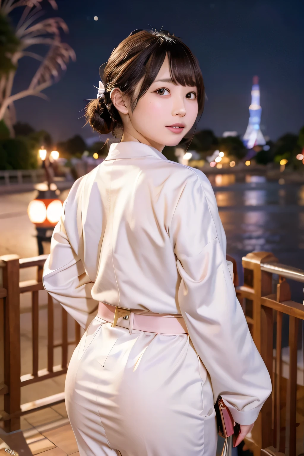 8k, raw photo, best quality, hires, realistic, photorealistic, extremely detailed 8k wallpaper, beautifully detailed eyes, finely detailed face,
 BREAK 
rim lighting to buttocks, bokeh,
 BREAK 
perfectly anatomically correct:1.1,
5 beautiful thin fingers:1.0,
 BREAK 
a nighttime cityscape showcasing Tokyo's skyline,
(in the background a lot of vibrant burst of fireworks exploding in the sky:1.1),
(a graceful suspension bridge adorned with bright white lights:1.1),
a subtle line of purple near the base spanning the water, reflecting shimmering gently in the waves,
dominated by the dazzling Tokyo Skytree tower illuminating in a gradient of gold to red hues, [rising majestically against the dark sky],
radiating shades of pink and white above the silhouetted urban structures,
[high-rise buildings forming a dense cluster],
blending the architectural grandeur of Tokyo with the celebratory sparkle of fireworks,
[the scene capturing a festive atmosphere],
[highlighting the city's vibrant spirit and dynamic energy],
 BREAK 
2 females, kawaii, cute natural anime face, very short pigtails,
japanese wafuku style clothes:1.1,
symmetrical clear eyes, chocolate color eyes with captivating reflections,
symmetrical face line, stereoscopic projection of face,
[gentle narrow eyes], wide-set eyes, tareme, [moderate eye bags, double eyelids, reverse banana-shaped round eyes],
small face, round face, [rounded jaw, heavy lips, small nose, oval-shaped face, [chiseled face]], [blush, embarrassed, healthy skin color],
(form-fitting wafuku accentuating elegant curves and shapely largest hips, tight obi belt emphasizing a defined silhouette),
looking back viewer,
leaning forward a body bended like a bow,
curvy thighs,
own hands clasped:1.0,
 BREAK 
(showcasing a graceful hip silhouette through the wafuku, no skin exposure),
dynamic pose from behind:1.1,
soft saturation, soft contrast, feet out of frame