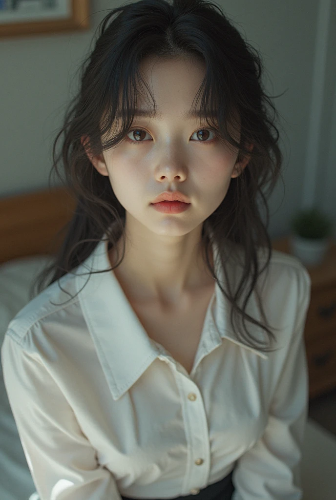 ((Best Quality)), ((Masterpiece)), (detailed), Melancholy Portrait of a Messy Young Woman, (Asymmetry: 1.2), sitting on a bed in a dim and cluttered room. The subject exudes a feeling of frustration and exhaustion, and her (tattered: 1.2) clothes and (haggard: 1.2) appearance emphasize her sense of despair. The photo was taken from a medium distance, and (low-key: 1.3) the lighting creates a gloomy and introspective atmosphere. The art style is inspired by (Dutch Masters: 1.3) technique, careful attention (subtle contrasts: 1.2) and (delicate textures: 1.2) to convey the complex emotions of the subject. She held a drink in her hand, adding a sense of vulnerability and vulnerability to the scene. Despite her disheveled appearance, her face is still (delicate beauty: 1.3), with delicate facial features and a quiet sense of dignity, full body photo, sitting on the bed,