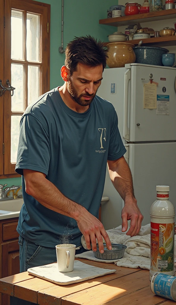Real image of a latin model man with short black hair athletic body, short beard, no shirt, Jean Pants, kneading a dough on a table with flour.