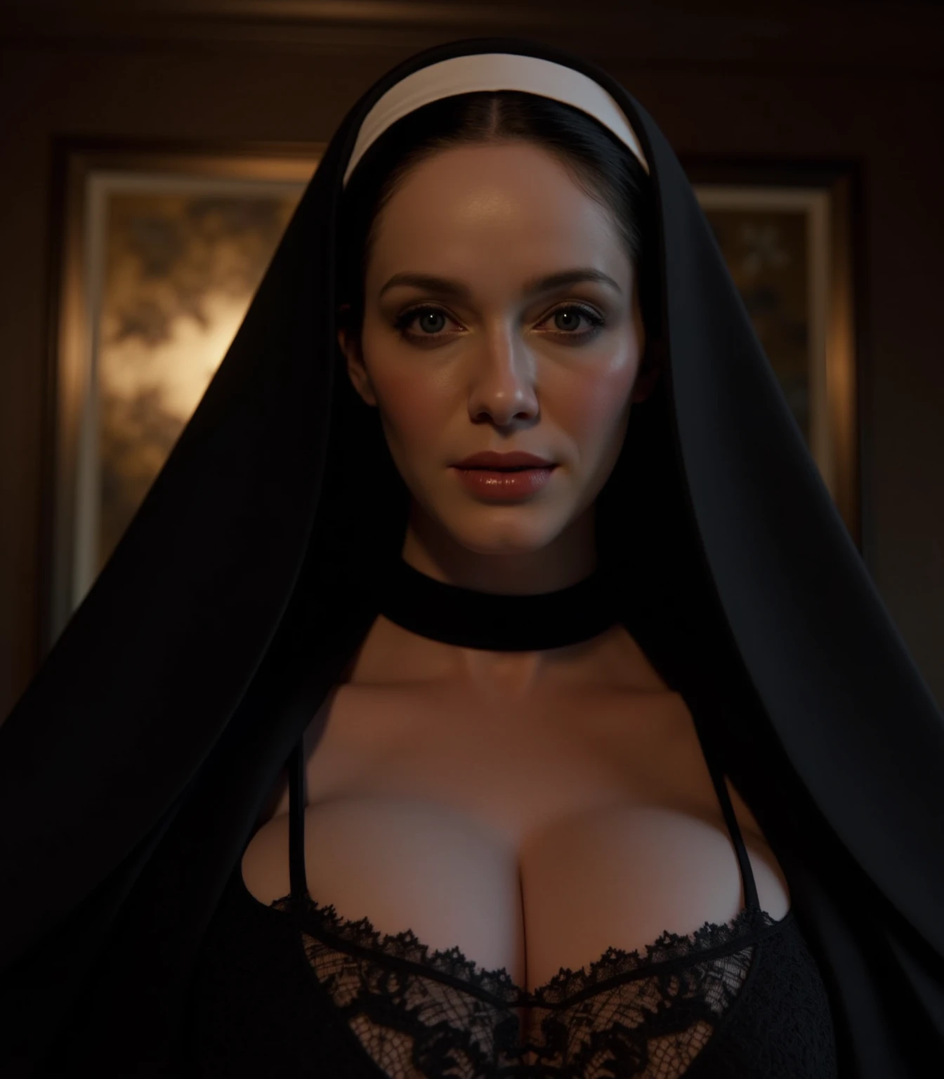 mature nun, 1girl, white bobcut hair, dark red eyes, latex bodycon dress, in dark church, circled by priests, cross necklace, seductive expression, enormous breasts, detailed makeup, red lipstick, (best quality,4k,8k,highres,masterpiece:1.2),ultra-detailed,(realistic,photorealistic,photo-realistic:1.37),dark moody lighting, dramatic shadows, cinematic composition, chiaroscuro lighting, oil painting style, muted color palette, dramatic lighting, cum on cloth, covered in cum, cum on face
