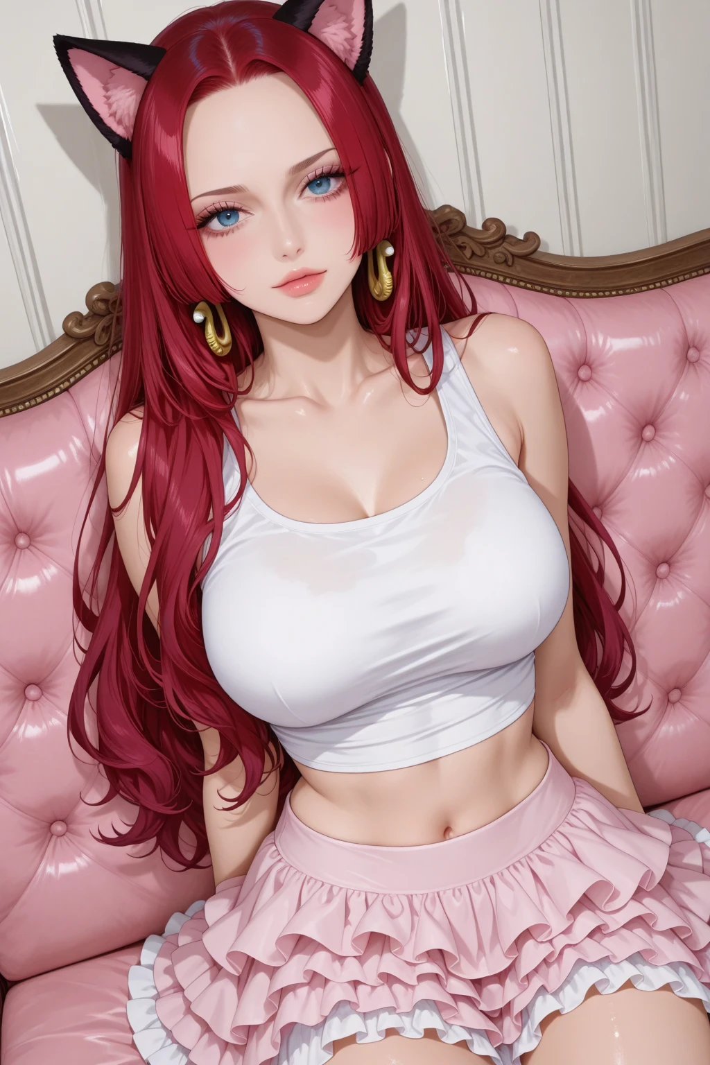 Illustration of a sunny day One woman, long red hair, beautifully detailed blue eyes. Beautifully detailed red lips lying face down on a bed. (Best quality 4k high definition masterpiece.: 1.2) Very detailed ( Realistic:1.37)Smile, a masterpiece of art in the scene