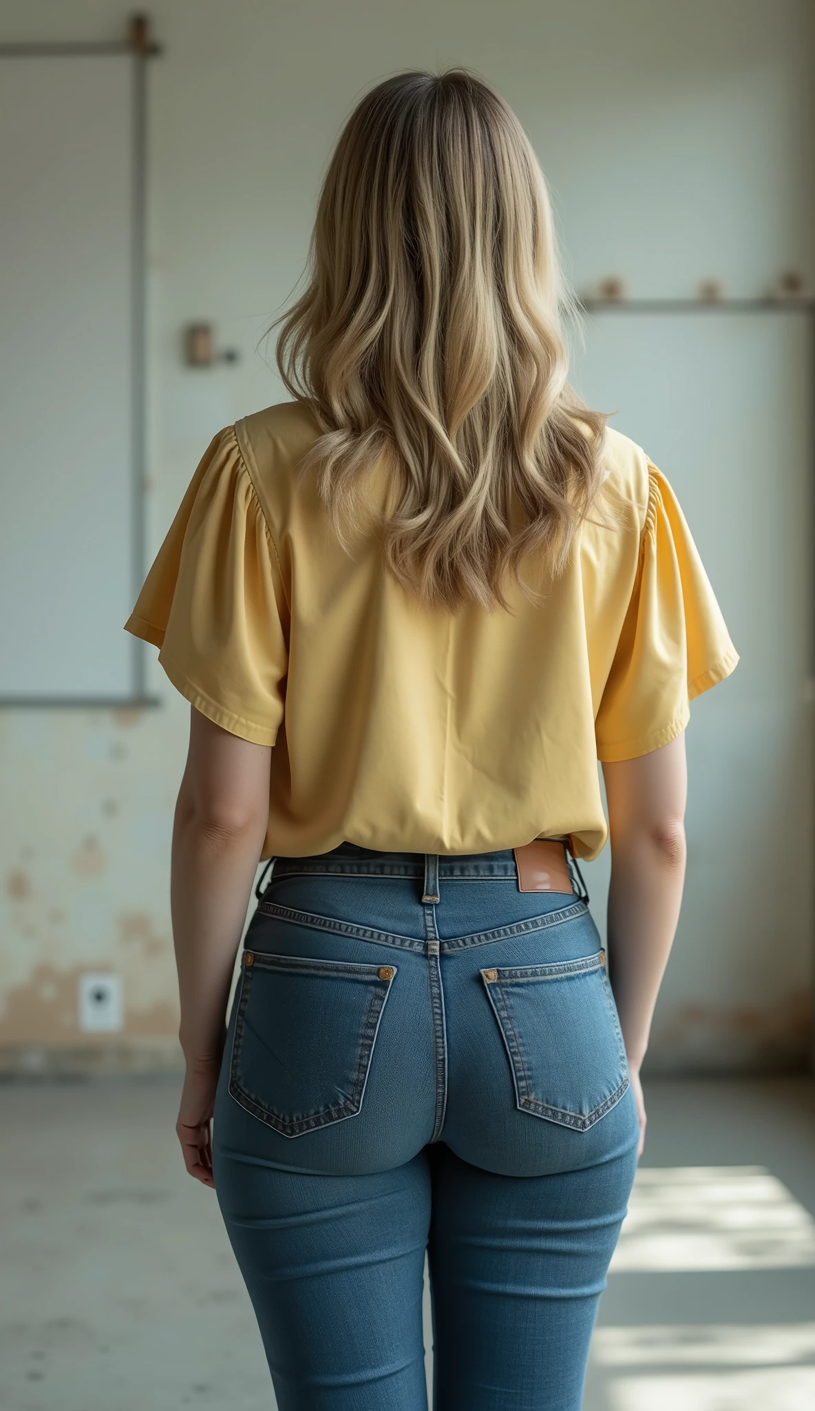 asspy,focus on her ass,back photo,photorealistic, masterpiece, 8k, best quality, realistic camera, full body shot, true rear view, woman facing wall, her hands pressed against wall, barren empty room, tall, dirty blond long hair, (half-down hairstyle), steel blue tight jeans, jeans hug wide hips, butter yellow blouse, short flutter sleeves, natural fabric folds, standing pose, back toward camera, visual focus on buttocks, sharp focus on back and hips, highly detailed fabrics, realistic skin texture, visible stitching and fabric grain, crisp lighting, photoreal detail