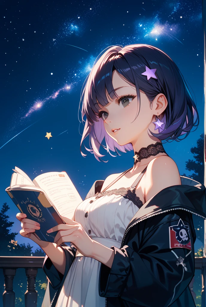 beautiful girl,Brown Hair,Shortcuts,Messy Hair,Slender beauty,A dignified posture,Small chest,Beautiful legs, captivating grey-blue eyes that shine like stars,,night景,night,Reading a book in a quiet corner of the house,Her expression is calm and focused,The whole world seems to depend on her and the story in her hands.。城市的night外景透过窗户映入眼帘,But her soul is perfectly peaceful and content..。