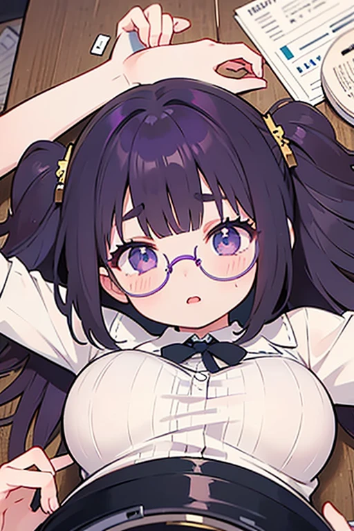 cute chubby fat anime girl with green eyes, very big rectangular thick glasses, middle shoulder middle-lenght dark brown hair, shoulder - length, side parted hair, no fringe on hair, basic t-shirt and a black apron dress, crescent moon necklace, cute smiling pose, simple white background, only half body visible, middle part hair, forehead visible, forehead, side part, fixing glasses