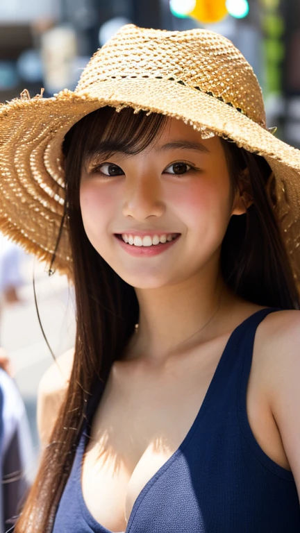 masterpiece,best quality,(Japanese ),((Beautiful girl)),cleavage,(perfect body beauty:1.2),(shy smile),beautiful teeth,(straw hat),(seaside),
