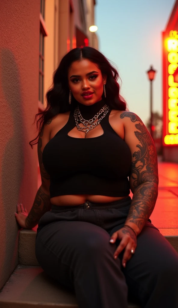 Black Female 5 feet 11 inches Caramel Skin BBW with Long Black Wet and Wavy Hair with a side part tattoo of roses on left forearm with hazel eyes wearing a red wrap around crop top with blue jeans and clear sandals long lashes medium coffin shape nails that are black a brown and white big butt slim waist, entire person visible, skin and pores
