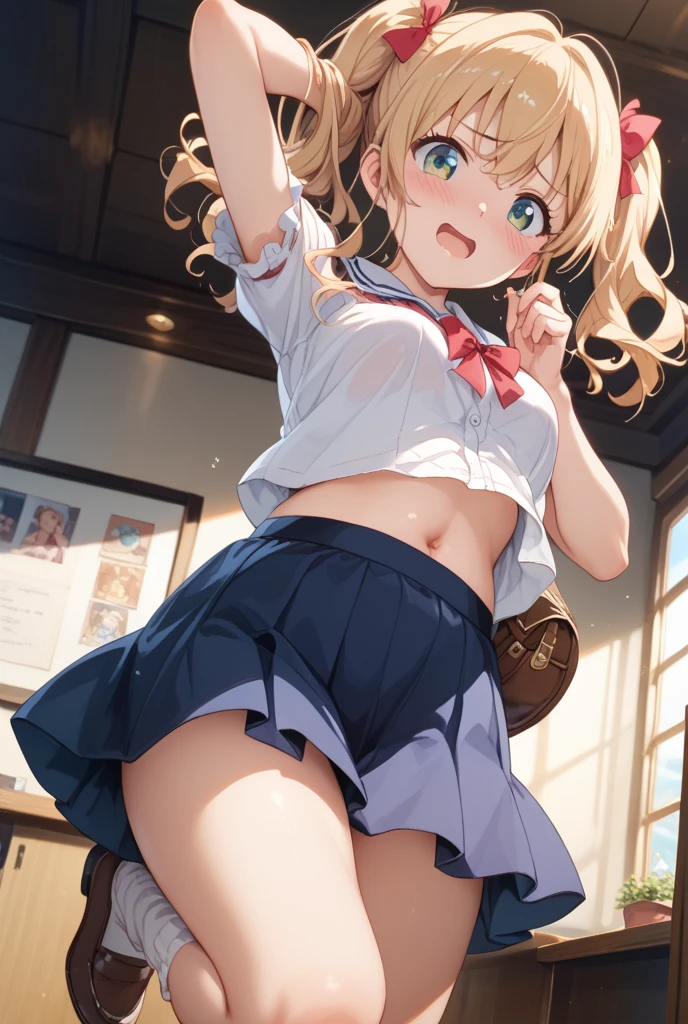 (masterpiece, highest quality, ultra high res, ultra detailed:1.3), 1 cute girl, ideal ratio body proportions, blonde short hair, uniform, clothes covered nipples, blue pleated mini skirt, (white panties, high kicking the viewer:1.4), angry look, cameltoe, dynamic angle,