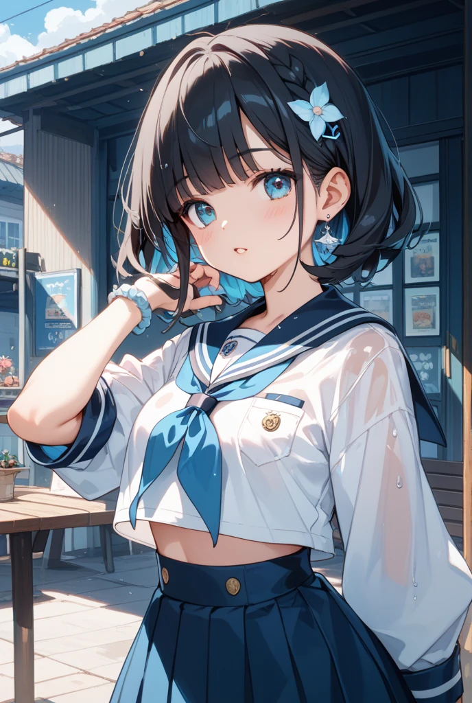 Rikka body, rikka takarada, Black Hair, blue eyes, Long Hair, orange Scrunchie, Scrunchie, wrist Scrunchie,Off-the-shoulder sleeveless dress,Bare shoulders,Bare neck,Bare arms,bare clavicle,Long skirt,sneakers,Baseball hats,happy smile, smile, Open your mouth,Shoulder length and short braids,whole bodyがイラストに入るように,
break outdoors, Coastal Road,In town,
break looking at viewer,whole body, (Cowboy Shot:1.5),
break (masterpiece:1.2), highest quality, High resolution, unity 8k wallpaper, (figure:0.8), (Beautiful fine details:1.6), Highly detailed face, Perfect lighting, Highly detailed CG, (Perfect hands, Perfect Anatomy),
