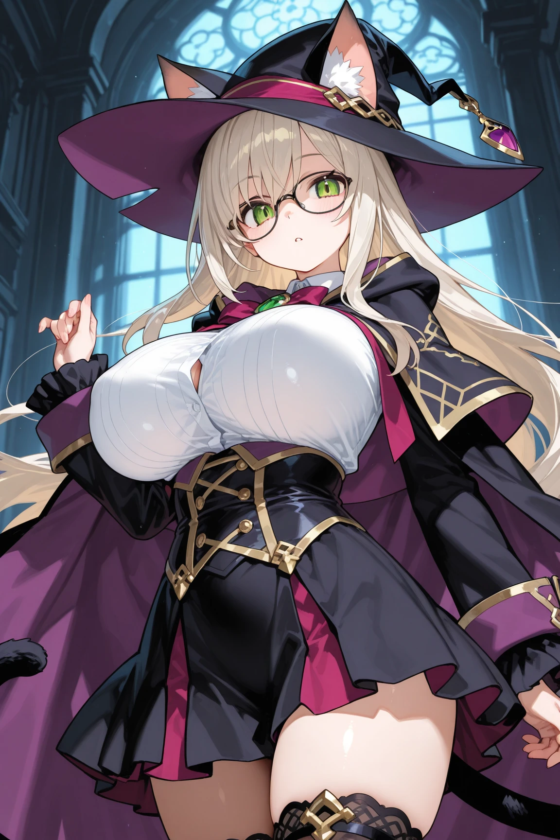 (8K, Best quality at best, tmasterpiece:1.2),\(Eyes detailed\),\(facial feature\),(\(Clothes detail details\)\),Full body lesbian,(surface focus) ,Very detailed CG unified 8k wallpaper,hugefilesize,ultra - detailed,A high resolution,Huang Li,beautidful eyes,ray traycing,Dramatic shadows,Detailed pubic hair,dramatic angles,hyper-detailing,(1 girl:1.3),(Alone),Mature woman,Long curly beige hair,Huge breasts,This is the Necromancer,(Wearing black magician robe),Witch hat,tall and slim.inside a room,wall made of bricks,Grey cement floor,(Books stacked on the ground to form small towers)