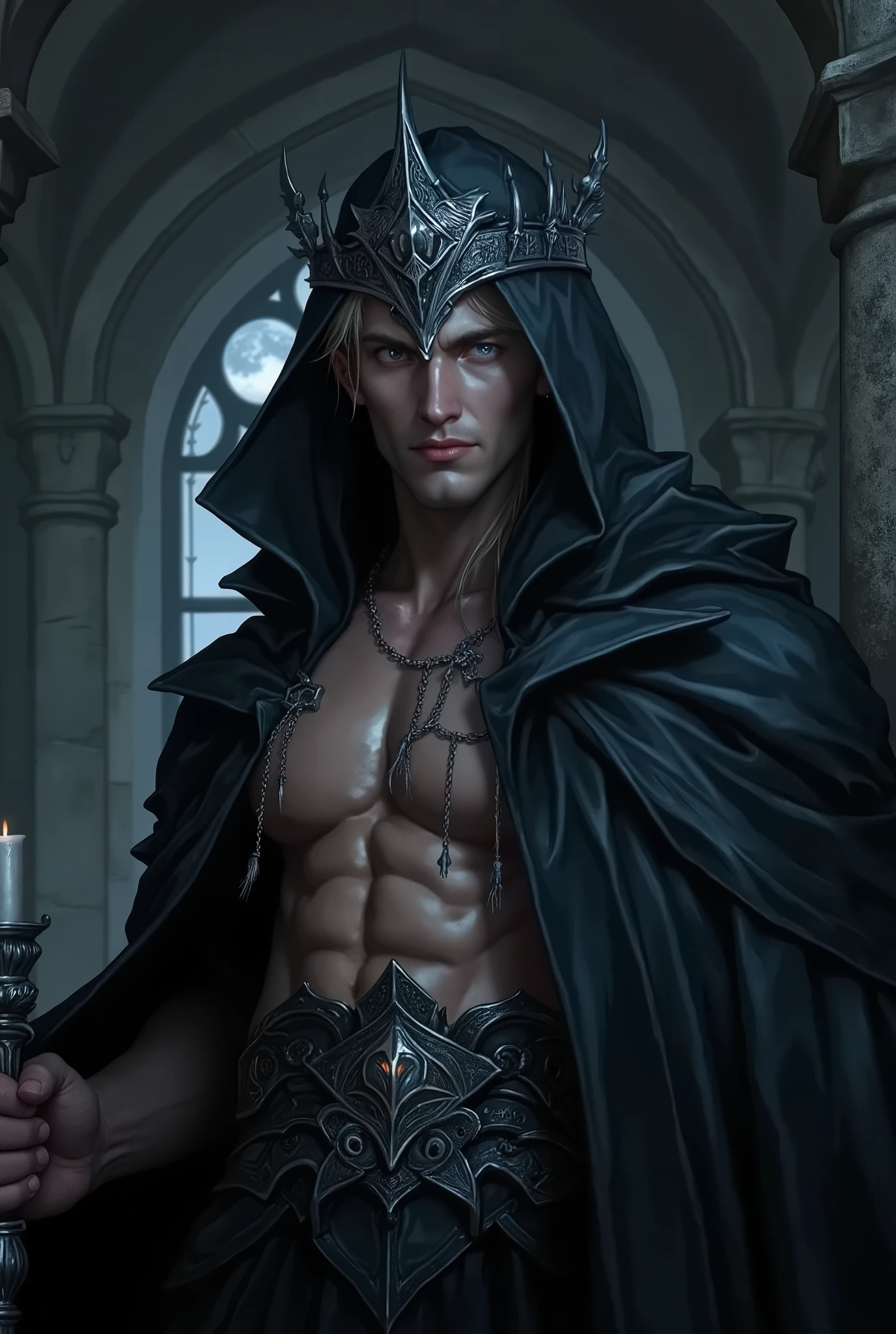 incredibly attractive, muscular man, dark warlock king, height 190 cm, wearing a ((long, deep hood made of thick fabric, completely covering his head and falling over his shoulders)), with a black steel gothic crown adorned with thin chains and mystical engravings, placed over the hood. The man has a square-shaped face with a strong jawline, serious, masculine, brutal expression. ((Almond-shaped blue eyes:1.4)), ((clean-shaven:1.4)). Short blonde hair, age 30. Tall, massive build, broad, powerful chest, ((defined abs and perfectly sculpted arms:1.5)), detailed skin texture, beautiful fingers (bare torso without armor:1.5). (Background — dark throne hall, massive stone walls, tall gothic windows with faint moonlight streaming through, heavy iron candelabras casting long ominous shadows. The ceiling disappears into darkness, arches adorned with metallic plates engraved with ancient runes. Lighting is cold and moody)