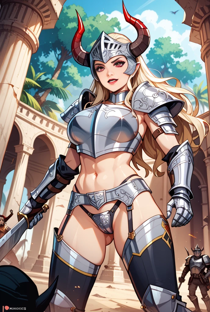 Elven paladin, fantasy, plate gauntlets, plate greaves, butt cape, blonde hair, smiling, zweihander, action pose, white metal bikini armor, pasties, busty, plate boots, delicate, soft features, beautiful detailed face, shiny skin, elegant, beautiful, messy bun, thick thighs, large ass, huge breasts:1.3, upper body, thick, skindentation, full lips, black eyeliner, mascara, pink blush, elegant makeup, divine warrior, Holy knight, blue and white accent streaks, rose petals