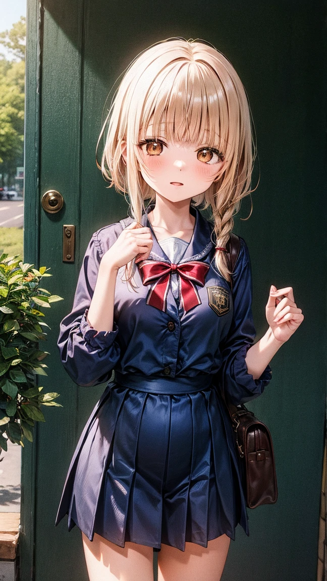 tanya, 11 year old child, hyperrealistic, looking at viewer, weiterführende Schule, school uniform, blue eyes, short hair, hair between eyes, ahoge, blonde hair, school skirt,
BREAK
best quality, 8k uhd, photorealism, solo, simple background,