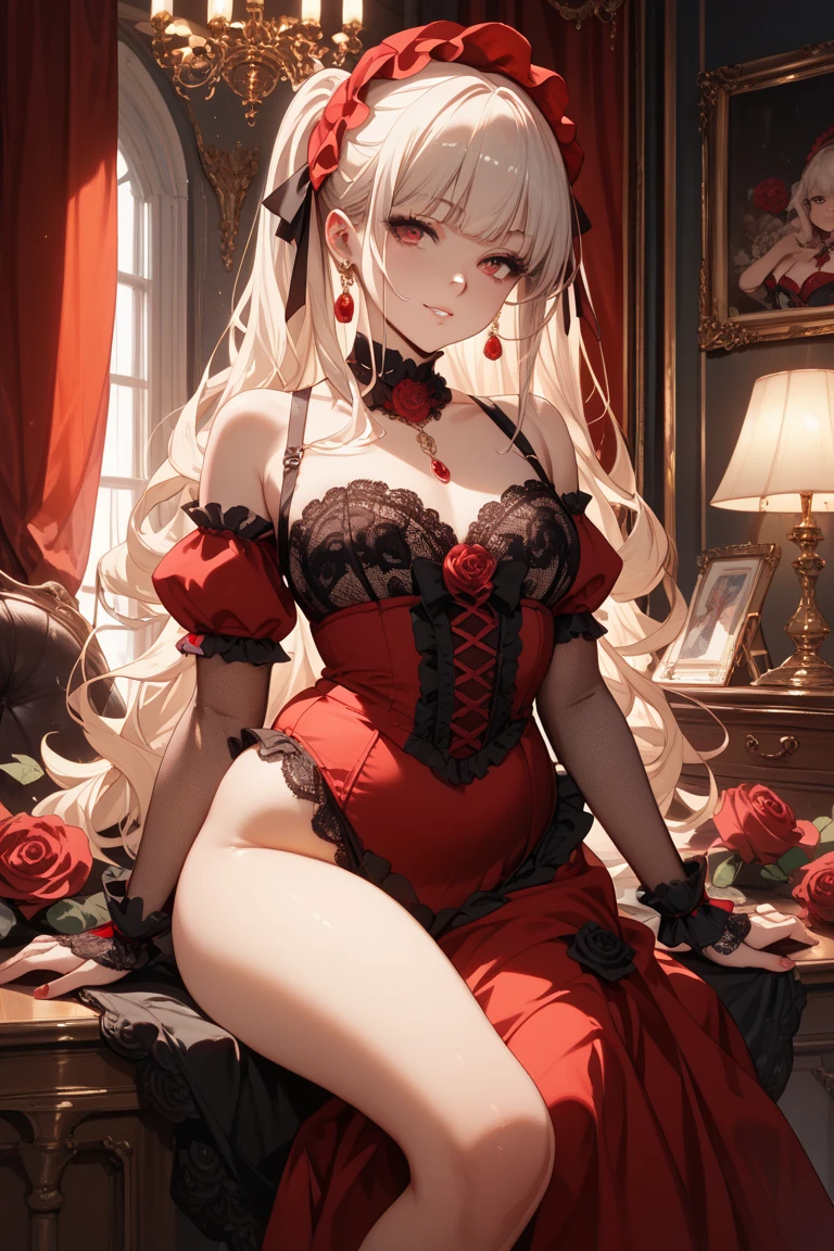 ((Best Quality, Masterpiece)), Detailed, Realistic, 1 young woman with white long curly hair, inform, 25 years, (evil smirk:1.3), (violet eyes:1.3) (Athletic woman:1.5), (Abs:1.3), (shapely body:1.5) (Huge-breasts)), (eye shadow), 鎖骨, (Elastic breasts:1.4), (Luxury bodysuit underwear with frills:1.3) (red lace underwear with frills:1.6), (red lace stockings with frills:1.3), (red lace gloves:1.3), (red gradient background:1.3) (hands on breast:1.3) (standing:1.3), ((tilted forward))(spreading legs:1.3), (cameltoe:1.3), (partially visible vulva:1.3) (Detailed image, hiquality, HDR, tmasterpiece, ultra detail) (realistic image)