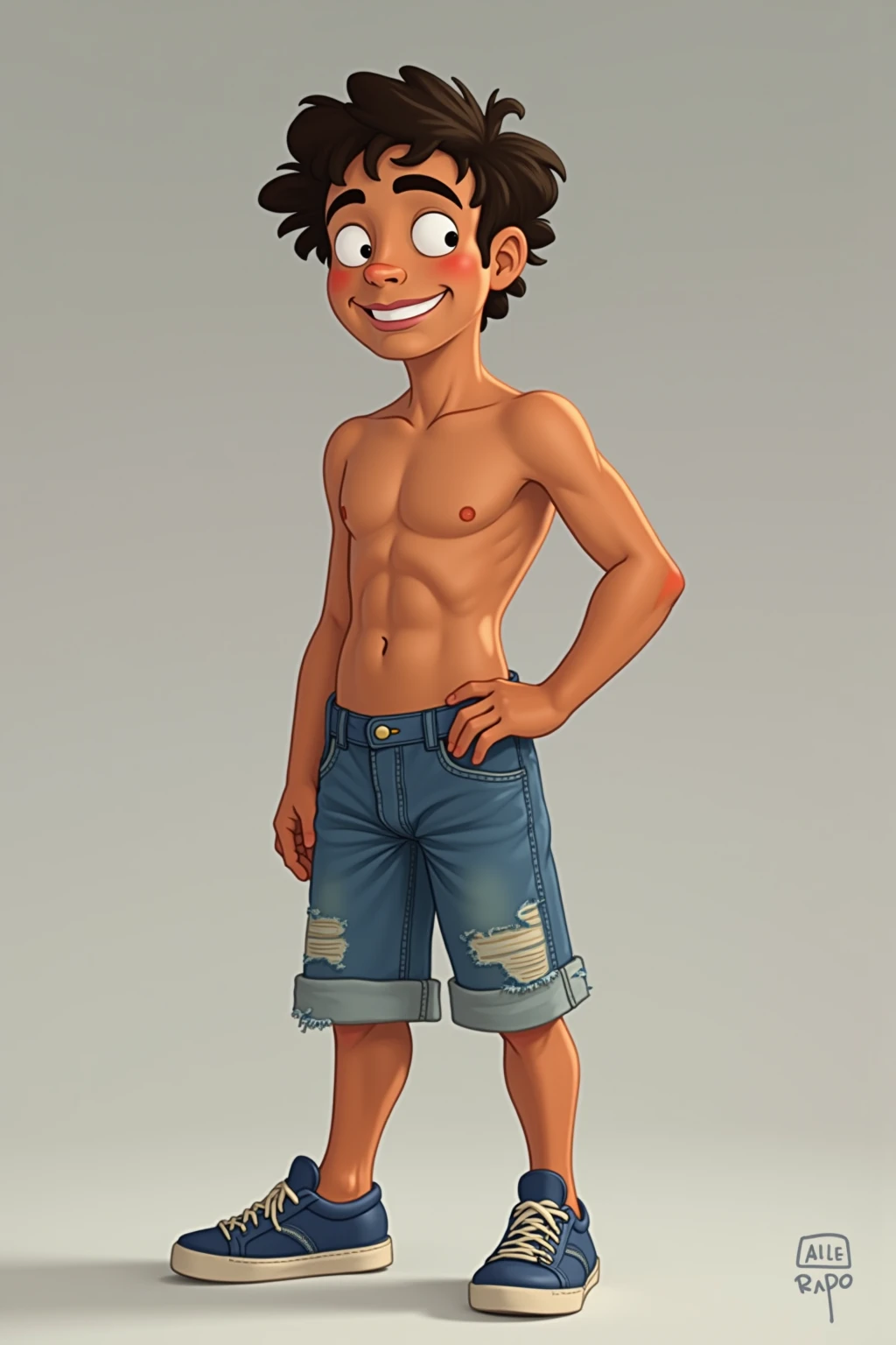 Shirtless Cute Boy with BLACK Shorts, Barefeet and Stage background