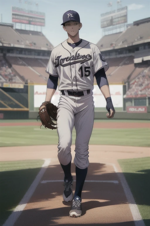 (best quality, masterpiece, high resolution:1.2), detailed, baseball player, handsome, baseball field background, sky,