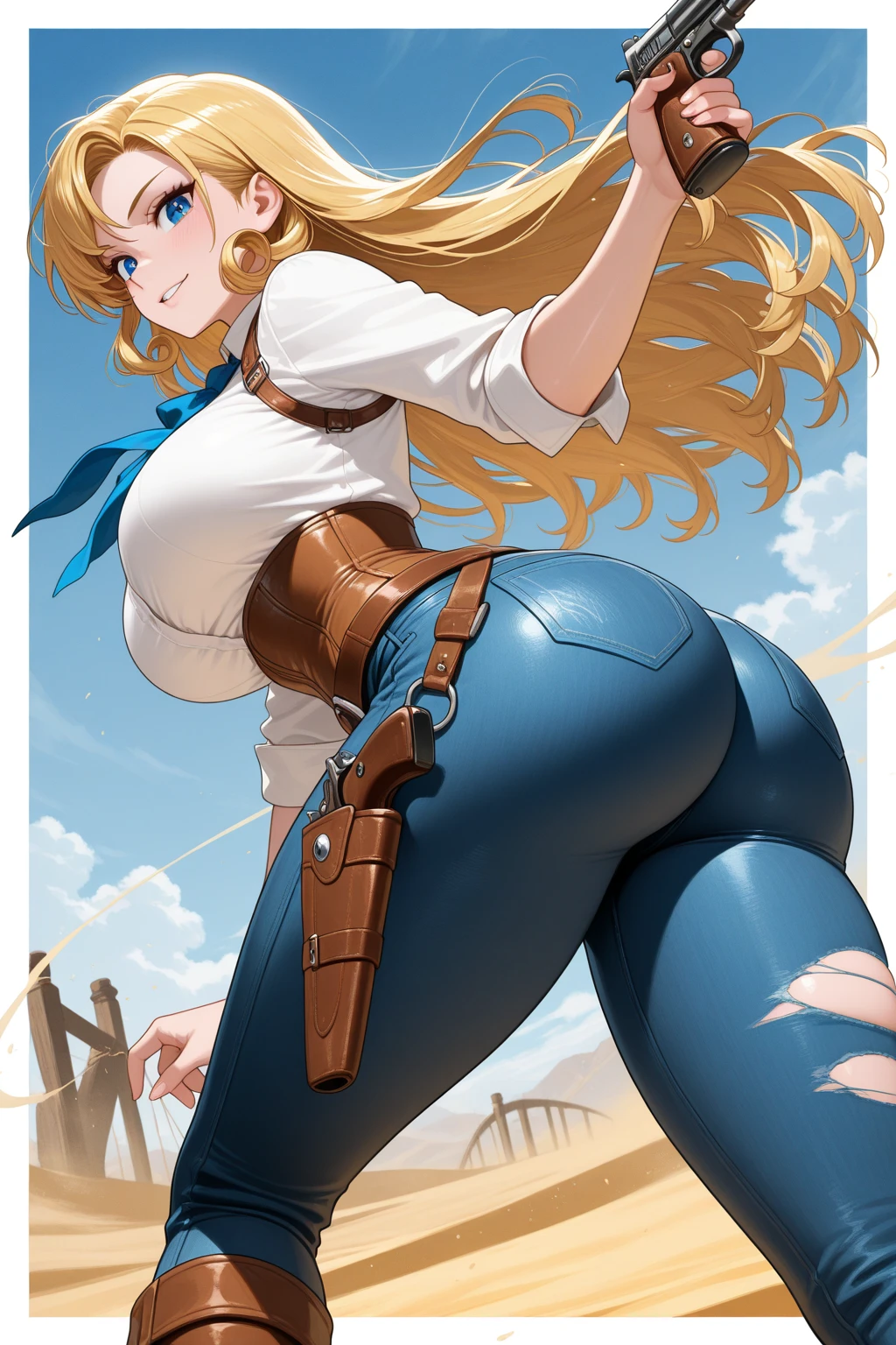 High resolution, Very detailed, perfect lighting, beautiful detailed eyes, ((masterpiece,Best Quality)), absurdities, alone, princess zelda, by the width, crown braid, Hair clip, pointy ears, blue shirt, long sleeves, Gloves without fingers, black gloves, Black pants, tight pants, smile, curves, nod, , deep neckline, deep neckline, bare breasts, bare breasts, NSFW, visible nipples, visible nipples, view from behind, view from behind, big butt, big butt