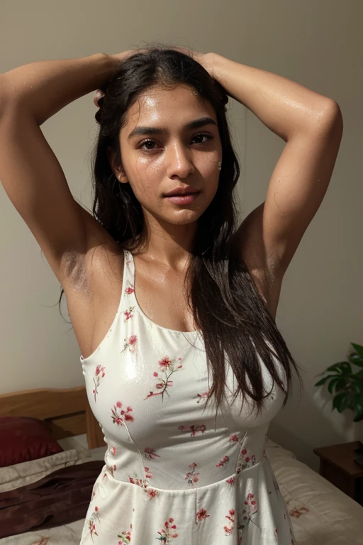 there is a woman that is posing for a picture in a room, armpit, indian girl with brown skin, she is about 16 years old, hairy arms, with arms up, flat chested, pretty face with arms and legs, posing in a bedroom, sexy girl with dark complexion, she is about 20 years old
