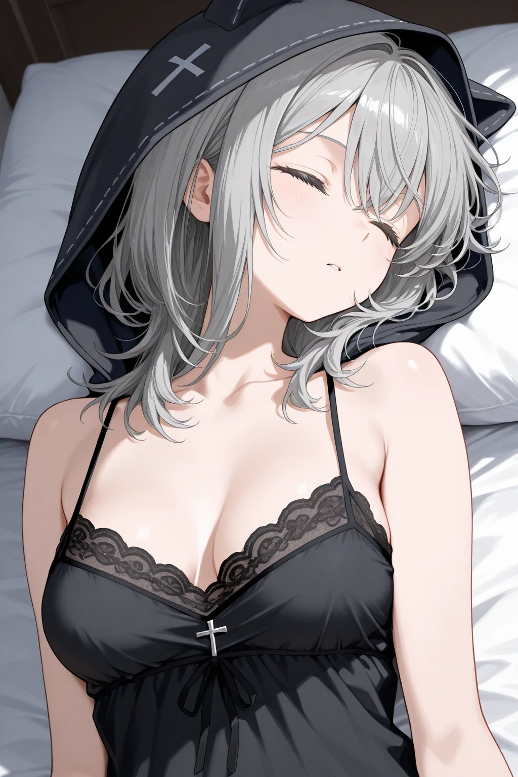 (masterpiece, best quality, beautiful and aesthetic:1.3), Elegant mature woman, 1woman, ((full body)), long hair, bright silver hair, (small breast:1.0), red eyes with slit pupils, sparkle in the eyes, ((Mouth veil)), (Face Veil), layered bikini , tattoo below the navel, looking at the viewer, small details, detailed face, in the dark, deep shadow, discreet key, Pure erotic face ace_V1, ((lying face down)), bedroom, light smile, embarrassed, 