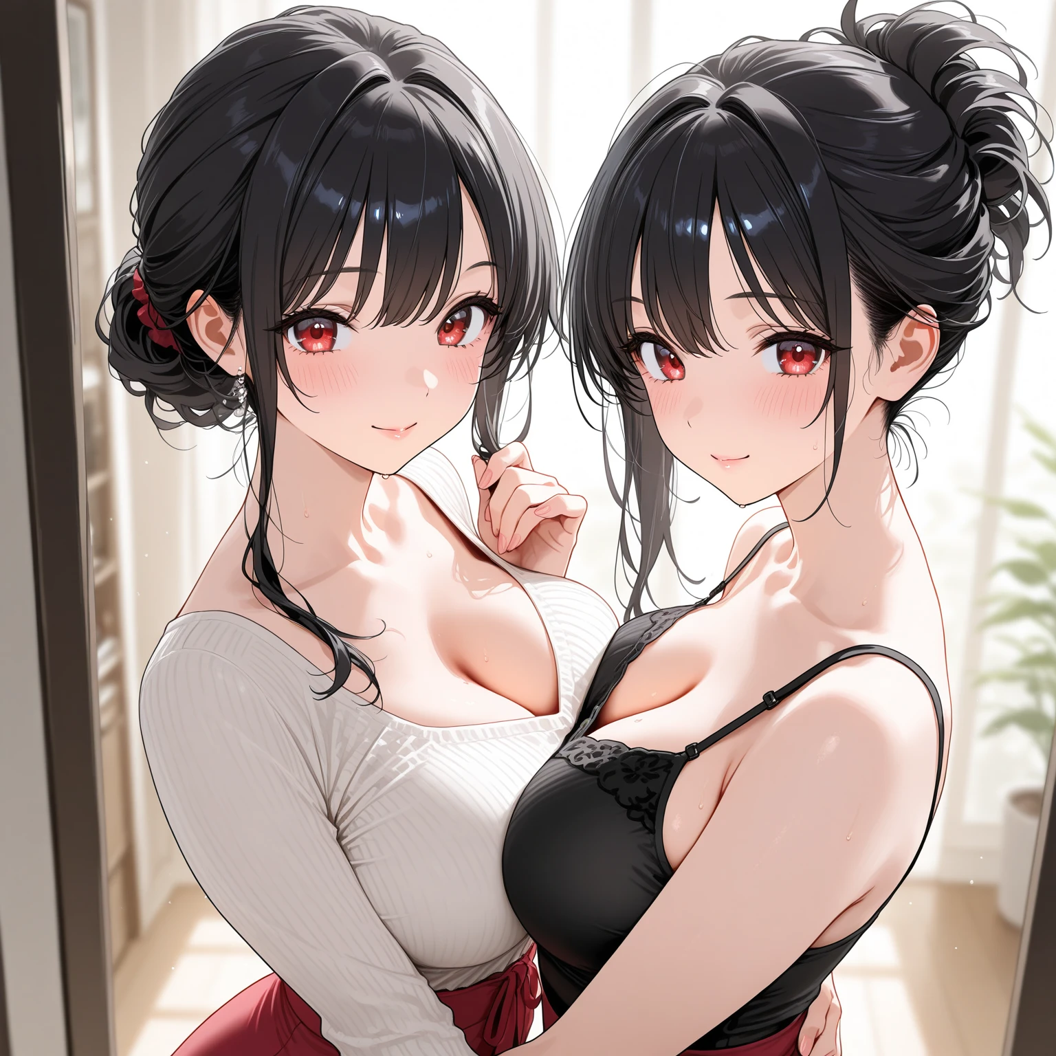 Beautiful sisters A little height difference Black Hair hair band Both sisters have beautiful breasts Both sisters are holding back tears. Nipples No underwear Shortcuts