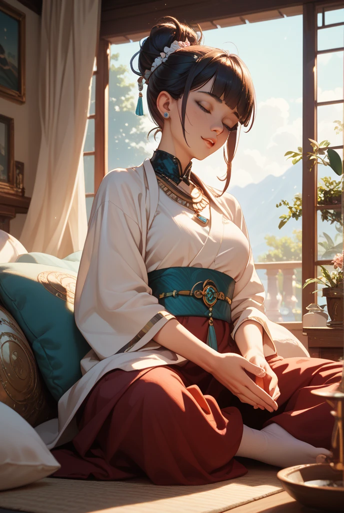 a woman sits on a chair in a traditional stall, holding a cup of coffee